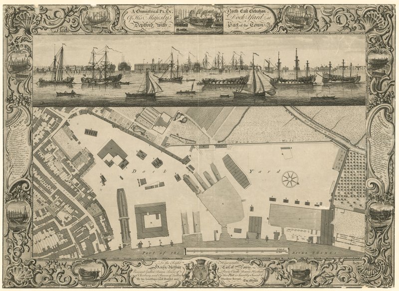En geometrisk plan og nordøstlig høyde av His Majestys Dock Yard ved Deptford med en del av byen av English School