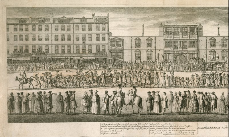 En geometrisk visning av den store prosesjonen til Scald Miserable Masons, Somerset House, London av English School