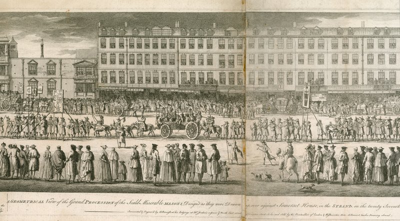 En geometrisk visning av den store prosesjonen til Scald Miserable Masons, Somerset House, London av English School