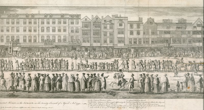 En geometrisk visning av den store prosesjonen til Scald Miserable Masons, Somerset House, London av English School