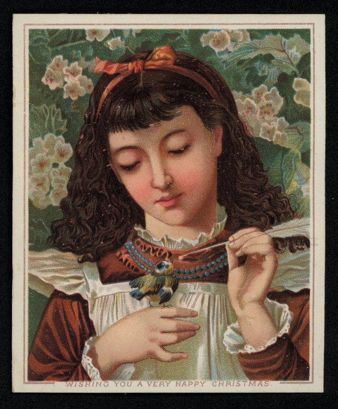 En jente som mater en blåmeis, julekort. (chromolitho) av English School