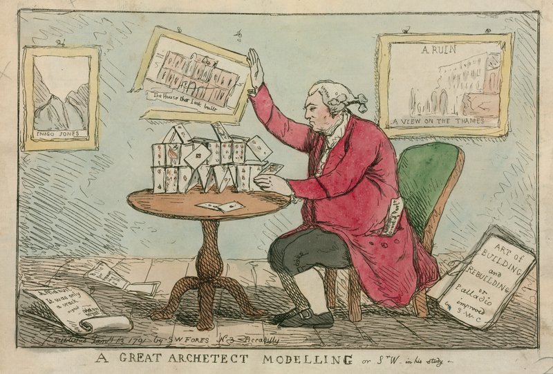 En flott arkitektmodellering - tegneserie av Sir William Chambers, arkitekt ved Somerset House av English School