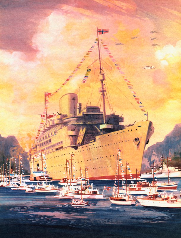 Et stort øyeblikk i Royal Mail Lines historie, Andesfjellene ankommer Oslo i 1945 (farge litho) av English School