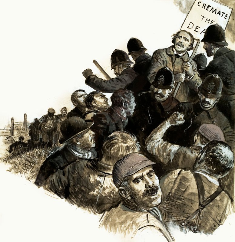 En lynsjpøbel stormet opp bakken til Dr William Price (gouache på papir) av English School