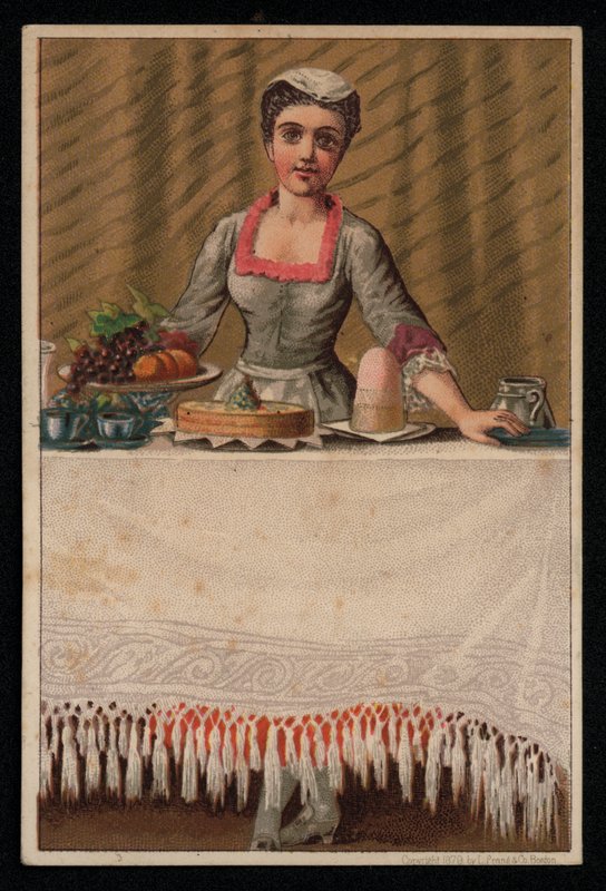 En hushjelp eller tjenestejente som dekker et bord med mat, gratulasjonskort. (chromolitho) av English School