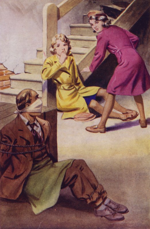 En mann bundet, kneblet og sitter på gulvet mens to jenter ser på (farge litho) av English School