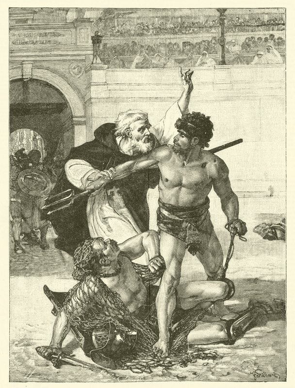 En munk, Telemachos, som prøver å stoppe gladiatorlekene i Colosseum, Roma (gravering) av English School