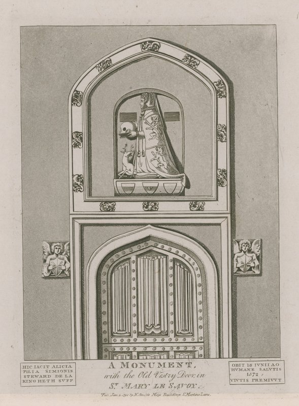 Et monument med den gamle sakristidøren i St Mary le Savoy av English School