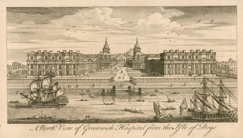 En nordlig utsikt over Greenwich Hospital, London, fra Isle of Dogs av English School