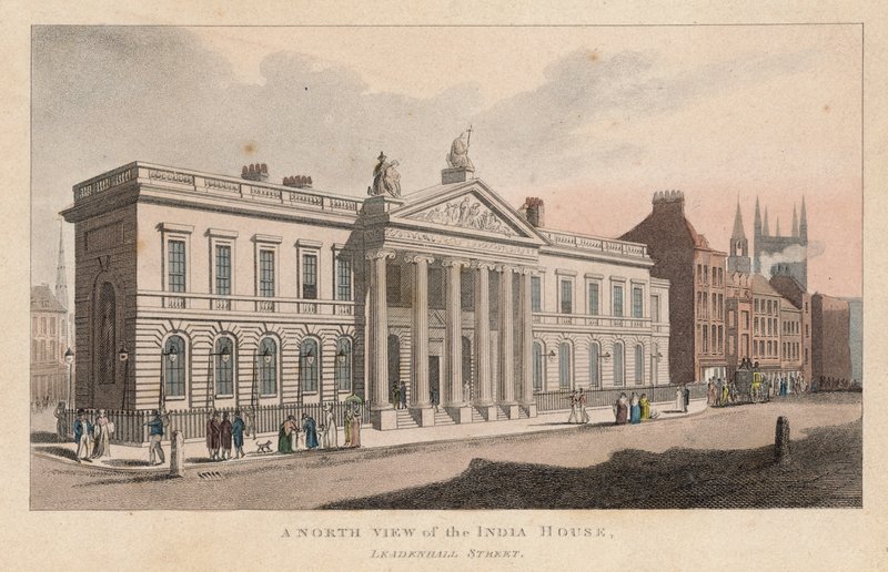 En nordlig utsikt over India House, Leadenhall Street av English School