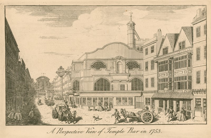 Et perspektivbilde av Temple Bar, London, i 1753 av English School