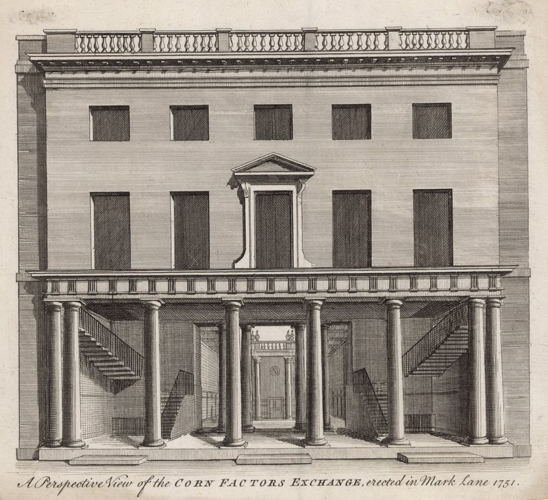 Et perspektivbilde av Corn Factors Exchange, reist i Mark Lane 1751 av English School
