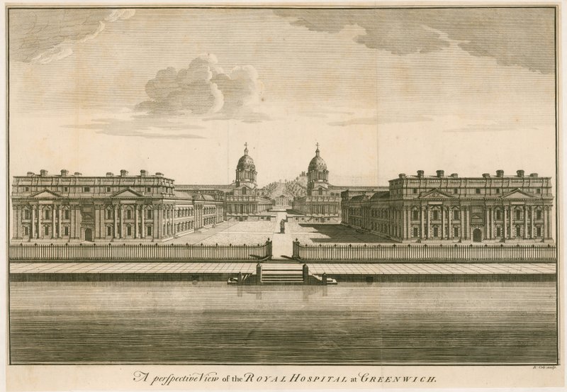 Et perspektivbilde av Royal Hospital i Greenwich, London av English School