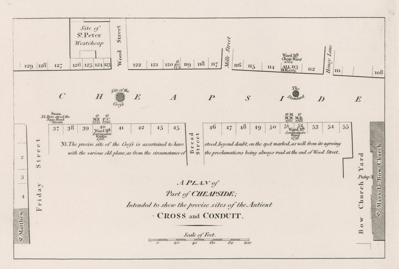 En plan fra Cheapside, London, ment å vise de nøyaktige stedene til det gamle Cross and Conduit av English School