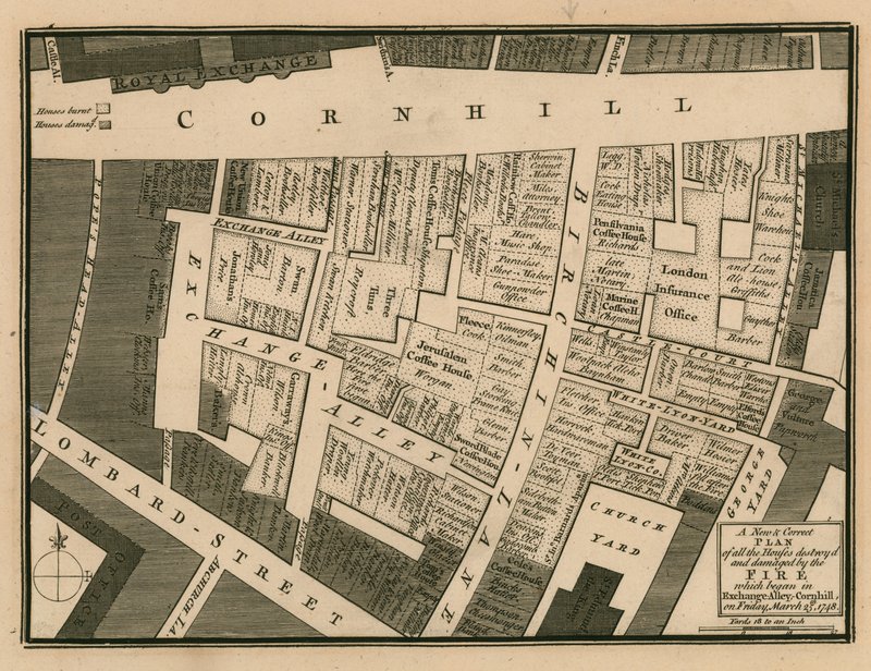 En plan over hus ødelagt i brannen som startet i Exchange alley, Cornhill, London, 25. mars 1748 av English School
