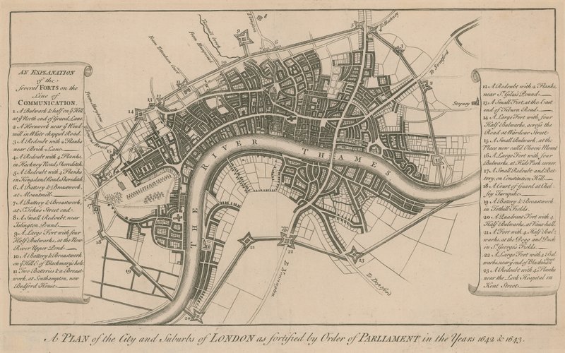 En plan over byen og forstedene til London som befestet etter ordre fra parlamentet i årene 1642 og 1643 av English School
