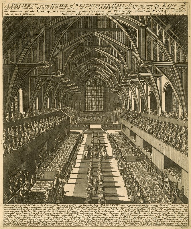 Et prospekt av innsiden av Westminster Hall som viser hvordan kongen og dronningen, med adelen og andre, satt til middag på kroningsdagen av English School