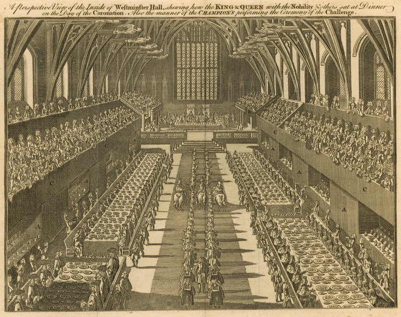 Et prospekt av innsiden av Westminster Hall som viser hvordan kongen og dronningen, med adelen og andre, satt til middag på kroningsdagen av English School