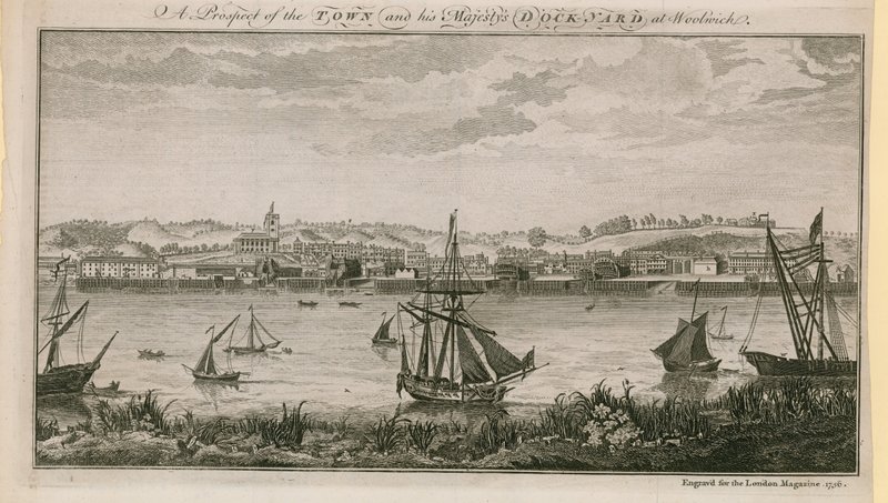 Et prospekt av byen og HIs Majestys verft i Woolwich av English School