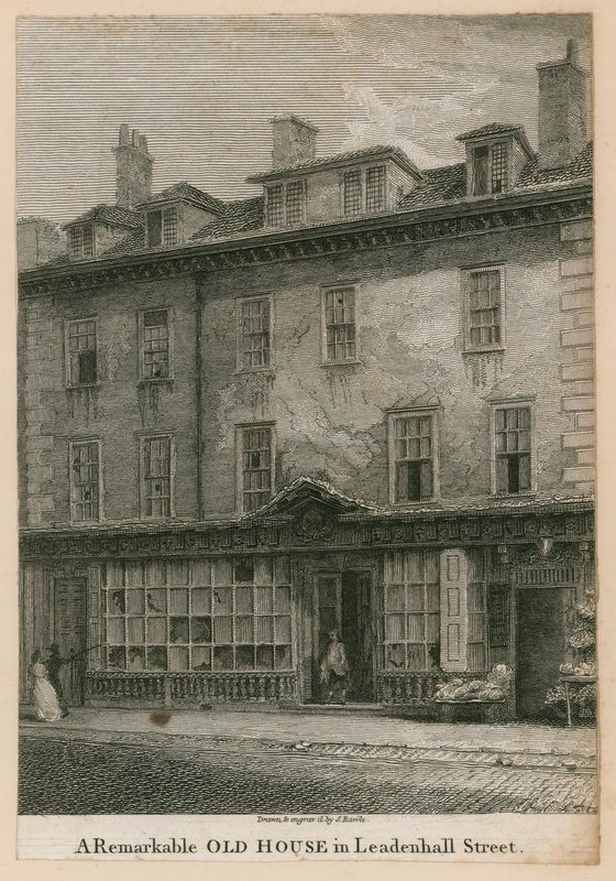 Et bemerkelsesverdig gammelt hus i Leadenhall Street, London av English School