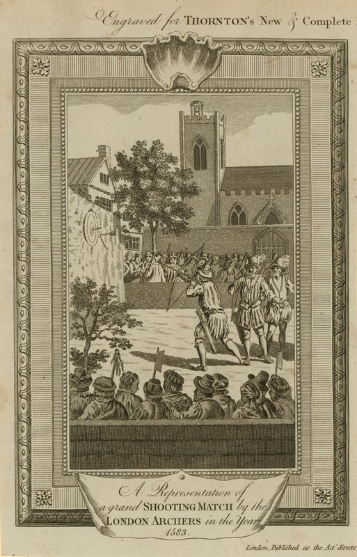 En representasjon av en storslått skytekamp av London-bueskytterne i år 1583 av English School