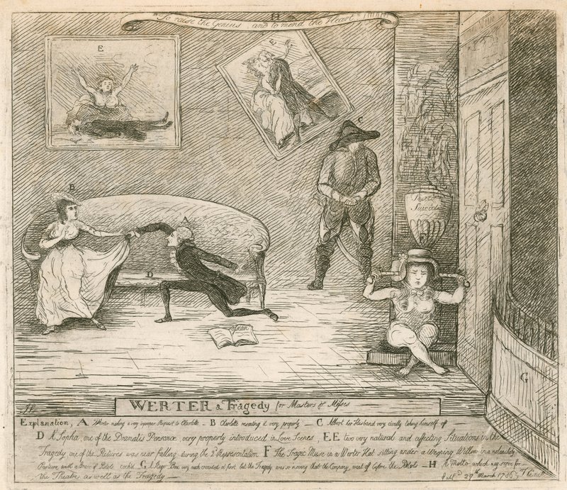 En scene fra F Reynolds burleske Werter, først fremført på Covent Garden Theatre, London, 14. mars 1786 av English School
