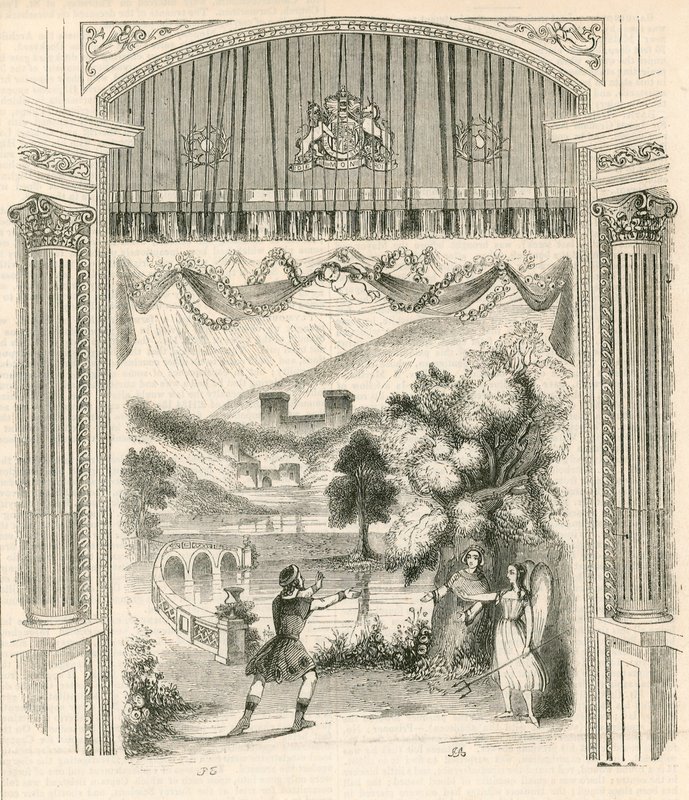 En scene fra stykket King Arthur, Drury Lane Theatre, London av English School