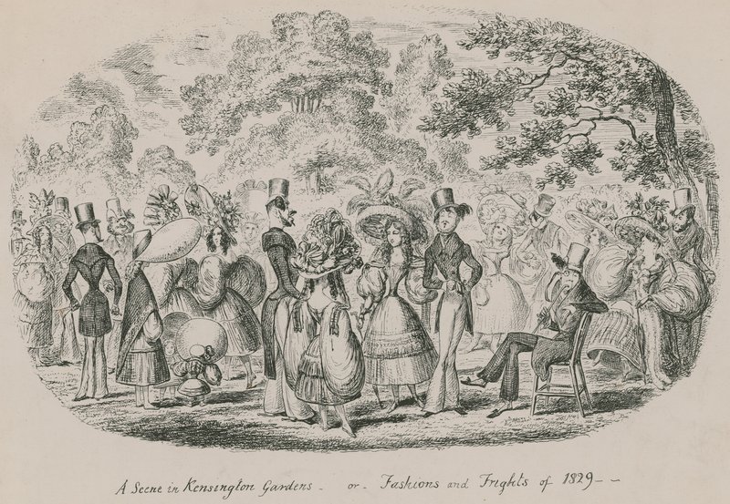 En scene i Kensington Gardens eller Fashions and Frights fra 1829 av English School