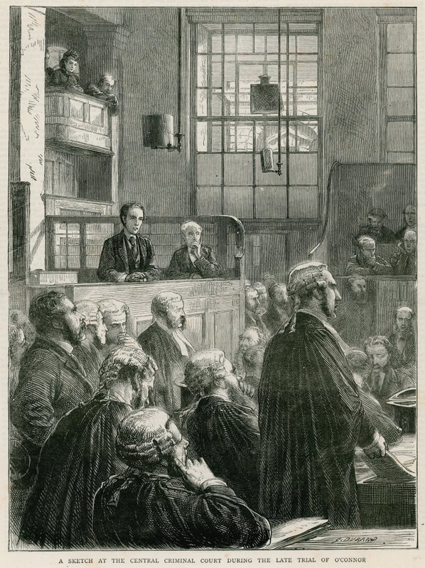 En skisse ved Central Criminal Court under den sene rettssaken mot O