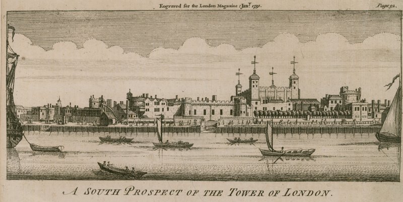 Et sørprospekt av Tower of London av English School