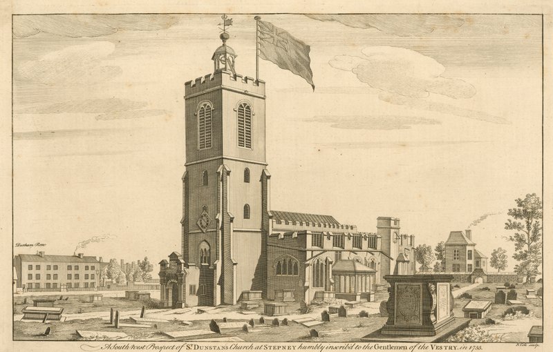 Et sørvest-prospekt av St Dunstans Church i Stepney, London av English School