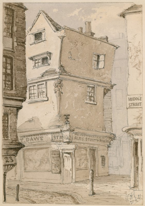 Et gatehjørne i Cloth Fair, Smithfield, London, akvarellskisse, 1881 (wc på papir) av English School