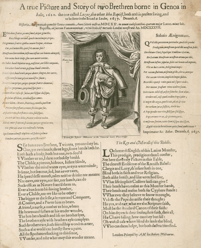 Et sant bilde og en historie om to brødre født i Genova i Italia, 1620 av English School