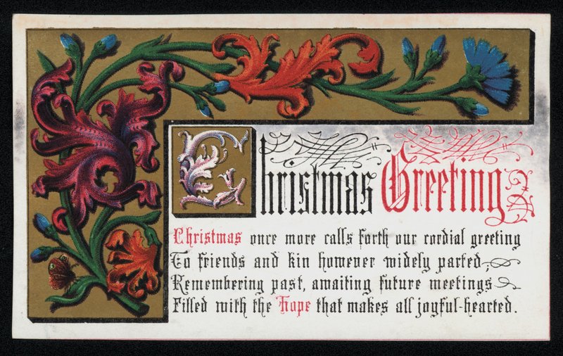 Et vers med blomsterrullemønster, julekort. (chromolitho) av English School