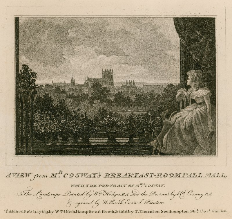 Utsikt fra Mr Cosways frokostrom, Pall Mall, med portrettet av Mrs Cosway av English School