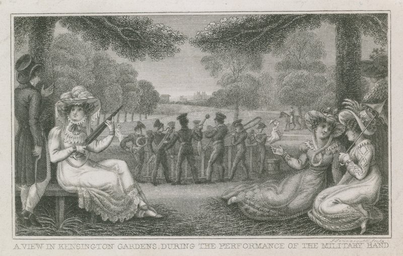Utsikt i Kensington Gardens, London, under opptredenen til militærbandet av English School