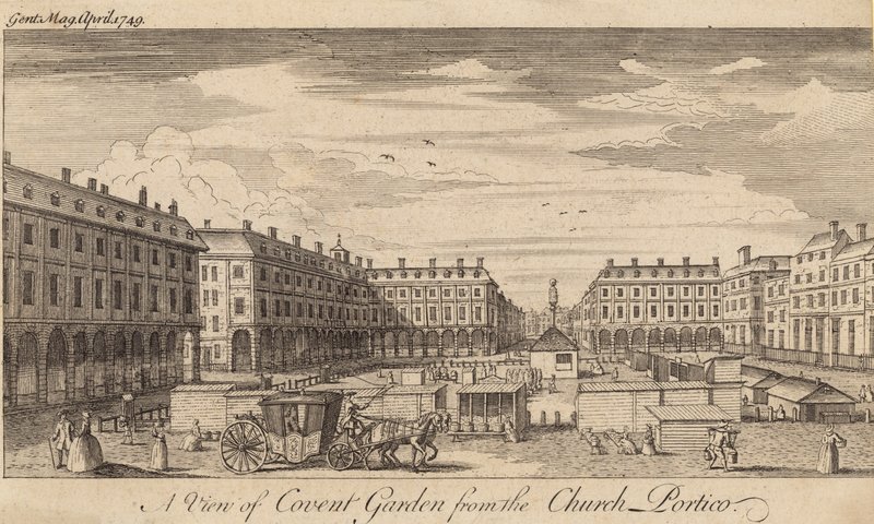 Utsikt over Covent Garden, London, fra kirkeportikken av English School