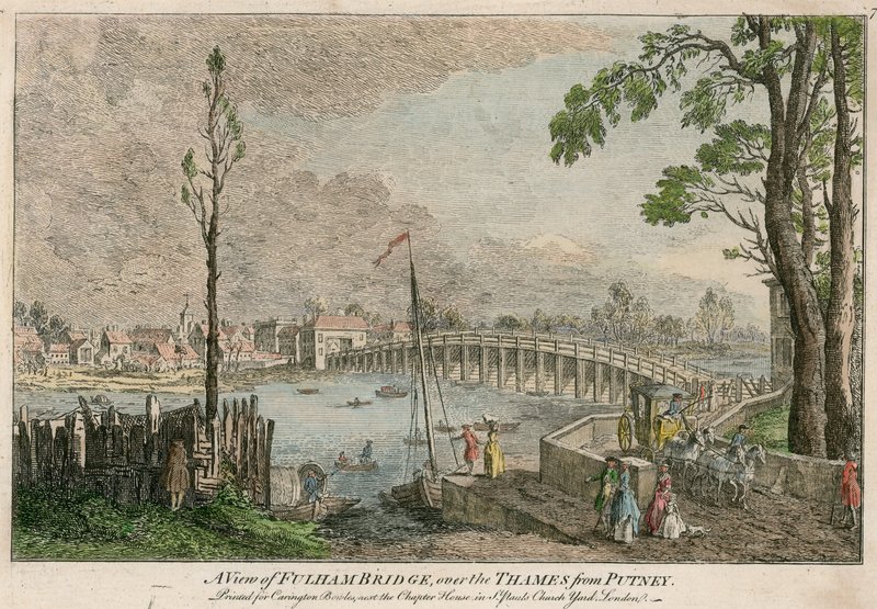 En utsikt over Fulham Bridge, London, over Themsen fra Putney av English School