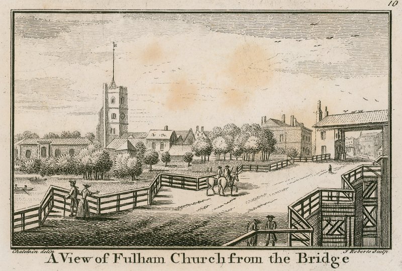 Utsikt over Fulham Church, London, fra Fulham Bridge av English School