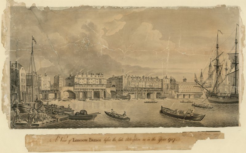 En utsikt over London Bridge før den sene endringen som i år 1757 av English School