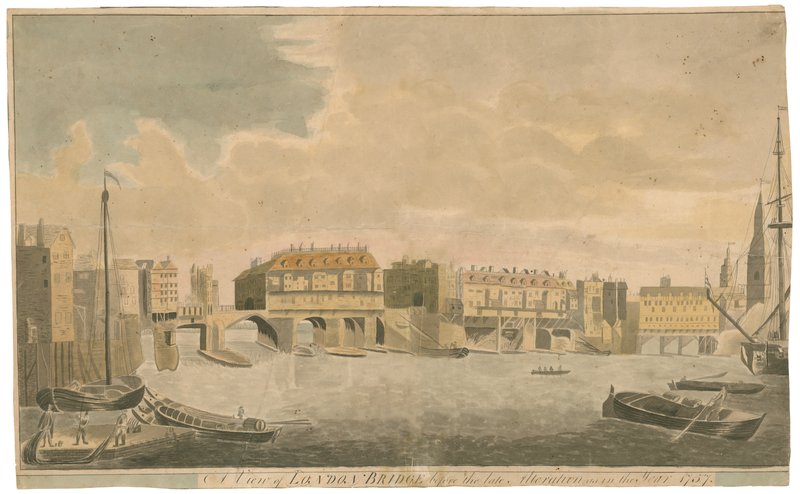 En utsikt over Old London Bridge før endringer, som i 1757 av English School
