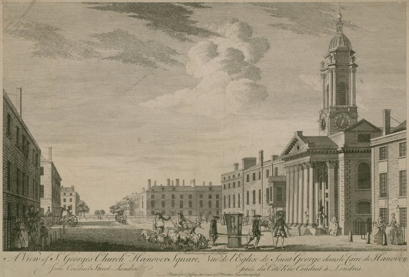 En utsikt over St Georges Church, Hanover Square, fra Conduit Street, London av English School