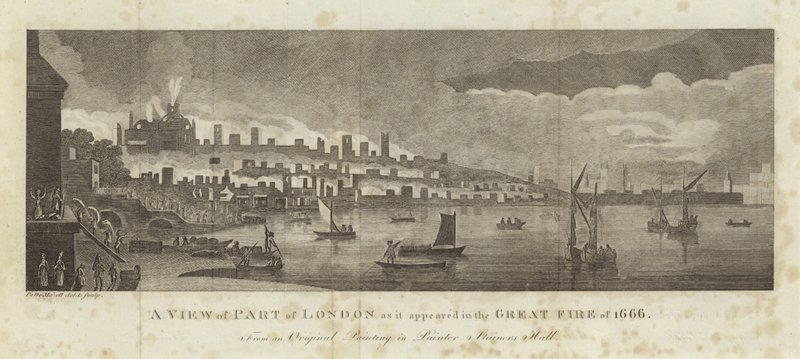 En utsikt over en del av London slik den så ut i den store brannen i 1666 av English School