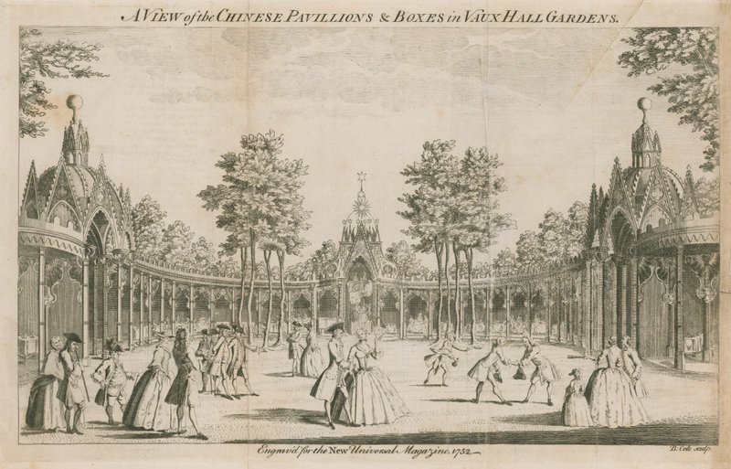 En utsikt over de kinesiske paviljongene og boksene i Vauxhall Gardens, London av English School