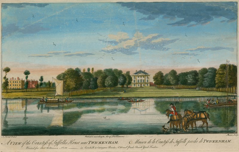 En utsikt over grevinnen av Suffolks House nær Twickenham av English School