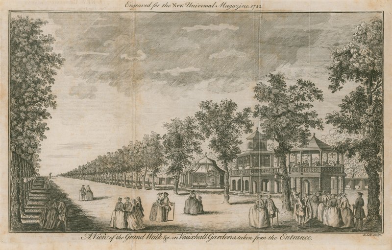 En utsikt over Grand Walk i Vauxhall Gardens, London, tatt fra inngangen av English School