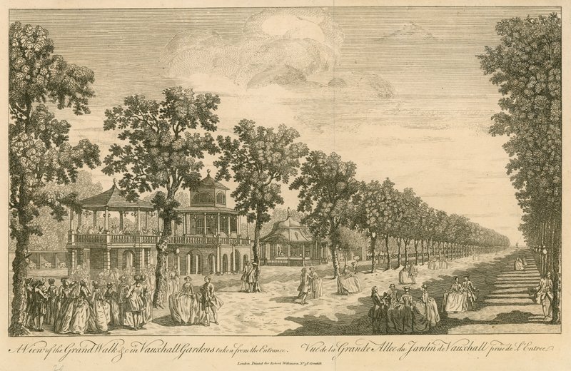 En utsikt over Grand Walk i Vauxhall Gardens, London, tatt fra inngangen av English School