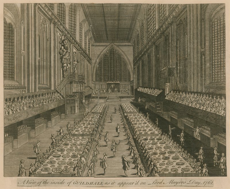 En utsikt over Guildhall, London, slik den så ut på Lord Mayors Day, 1761 av English School
