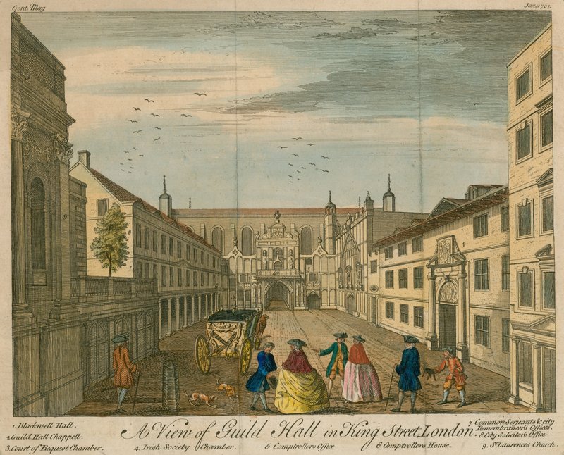 Utsikt over Guildhall i King Street, London av English School