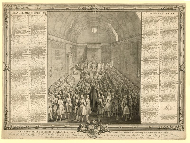 En utsikt over House of Peers, kongen som sitter på sin trone, Commons deltok på ham på slutten av sesjonen 17412 av English School